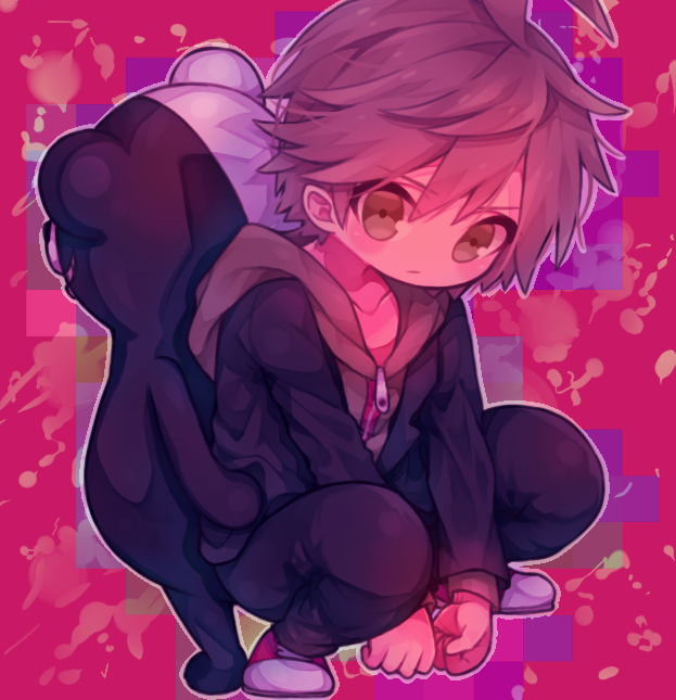 1boy back-to-back black_jacket black_pants collarbone danganronpa:_trigger_happy_havoc danganronpa_(series) hood hood_down jacket looking_at_viewer male_focus monokuma naegi_makoto pants shoes short_hair sneakers squatting zipper_pull_tab zudzuki