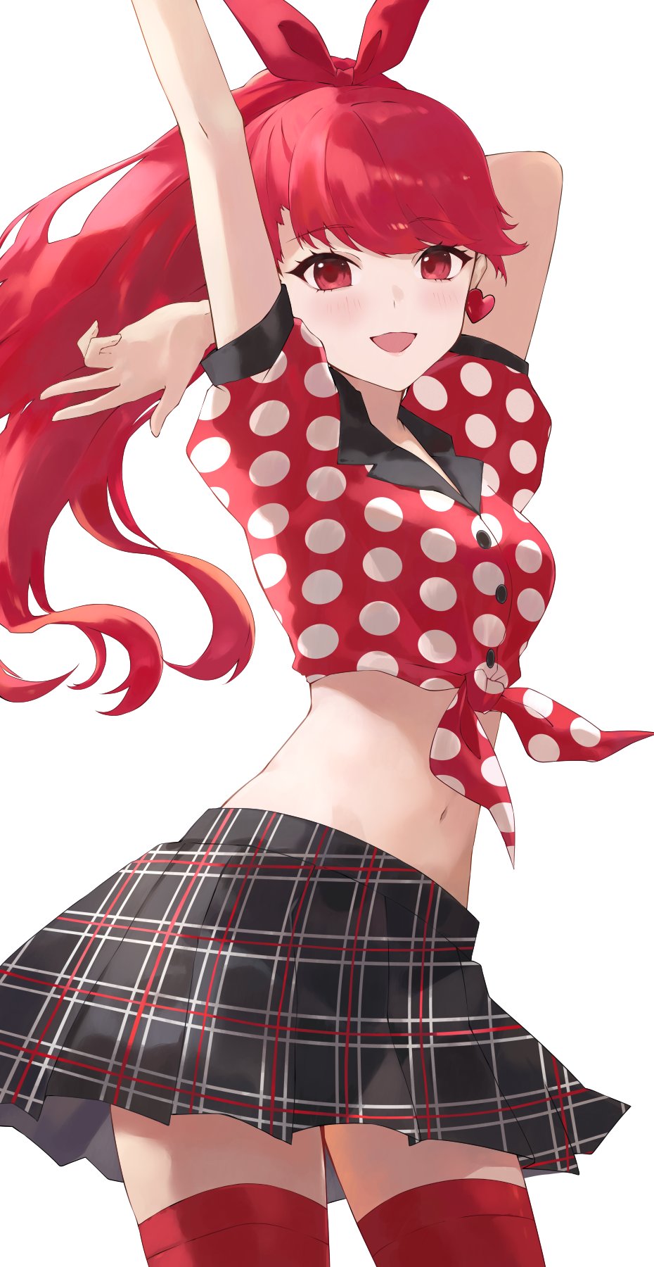 1girl blush bow breasts female_focus hair_bow highres konchi_(63438789) long_hair looking_at_viewer matching_hair/eyes midriff navel open_mouth persona persona_5 persona_5_the_royal plaid_clothes plaid_skirt polka_dot polka_dot_shirt ponytail red_eyes red_hair shirt simple_background skirt smile solo thighhighs yoshizawa_kasumi