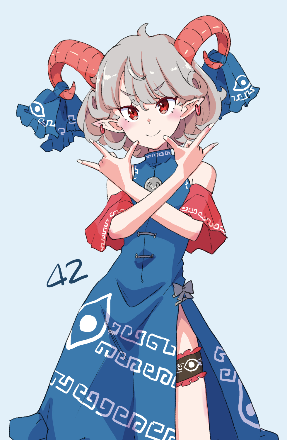 1girl \m/ bare_shoulders blue_dress blue_ribbon closed_mouth commentary_request crossed_arms curly_hair detached_sleeves dress earrings fingernails frilled_thigh_strap grey_hair highres horn_ornament horn_ribbon horns jack_(wkm74959) jewelry light_blush looking_at_viewer meandros pointy_ears red_eyes red_horns red_sleeves ribbon sheep_horns short_hair short_sleeves simple_background sleeveless sleeveless_dress smile solo standing thigh_strap touhou toutetsu_yuuma v-shaped_eyebrows