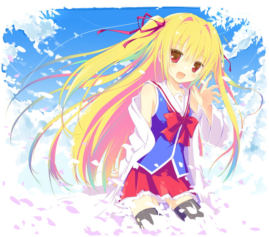 1girl black_thighhighs blonde_hair bow cloud female_focus flat_chest hair_intakes hair_ribbon irotoridori_no_sekai lab_coat long_hair looking_at_viewer nikaidou_shinku off_shoulder open_mouth petals pleated_skirt red_eyes ribbon school_uniform shida_kazuhiro skirt sky smile solo thighhighs two_side_up waving zettai_ryouiki