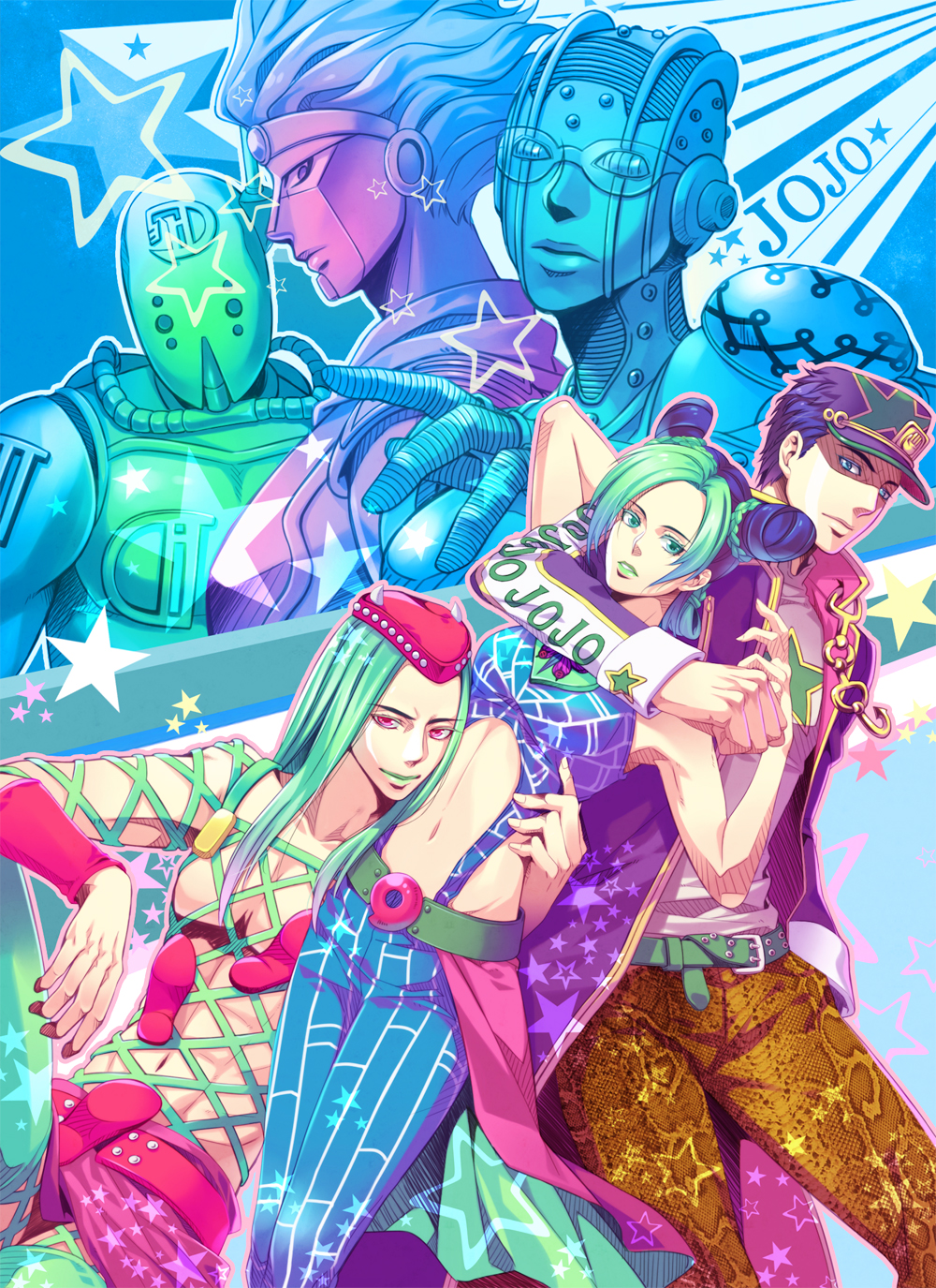 2girls 4boys aqua_theme blue_eyes blue_theme diver_down_(stand) double_bun green_eyes green_hair green_lips green_theme highres jojo_no_kimyou_na_bouken kuujou_jolyne kuujou_joutarou lipstick makeup multicolored_hair multiple_boys multiple_girls narciso_anasui natsu_(pixiv312174) pompadour purple_theme red_eyes stand_(jojo) star_platinum stone_free stone_ocean two-tone_hair
