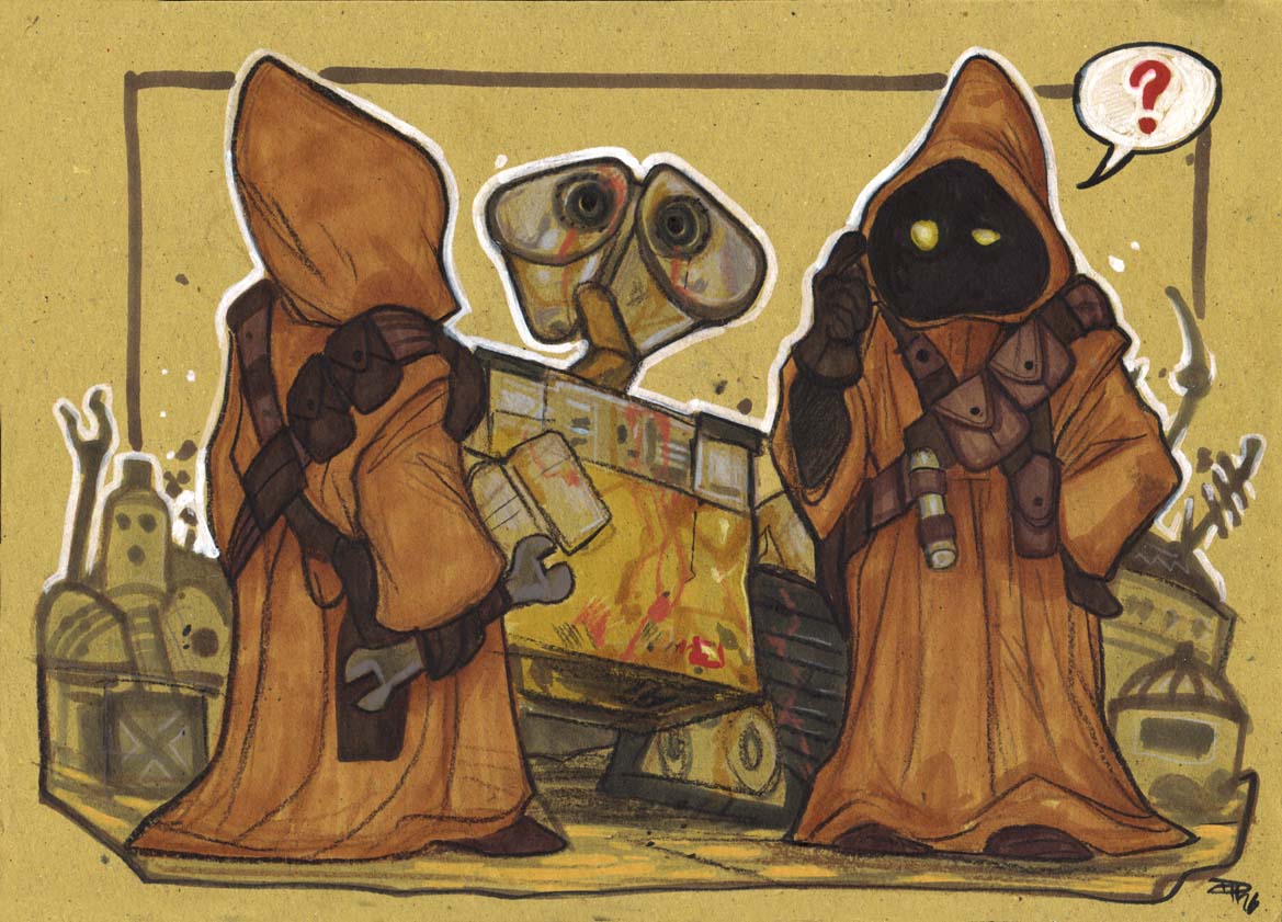 1other 2boys ? brown_hood brown_robe crossover denism79 holding holding_wrench hooded_robe jawa multiple_boys robe robot speech_bubble star_wars wall-e wall-e_(character) wrench