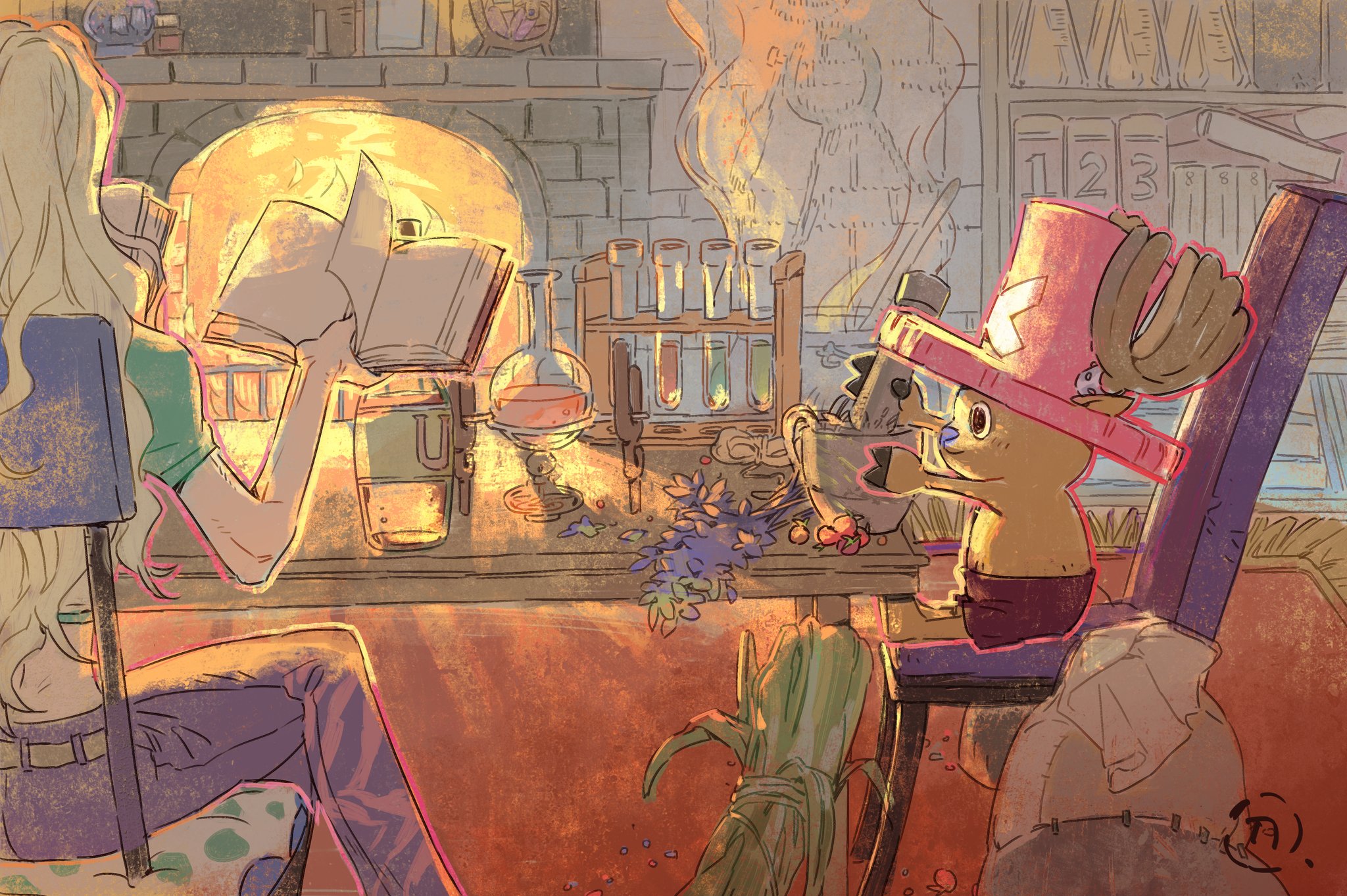 1boy 1girl antlers blue_nose book bottle crop_top dr._kureha erlenmeyer_flask flask hashtag-only_commentary hat highres holding holding_book horns long_hair mortar_(bowl) one_piece pants pestle pink_hat purple_pants reindeer_antlers shorts sitting siyangou49 smoke table tony_tony_chopper volumetric_flask