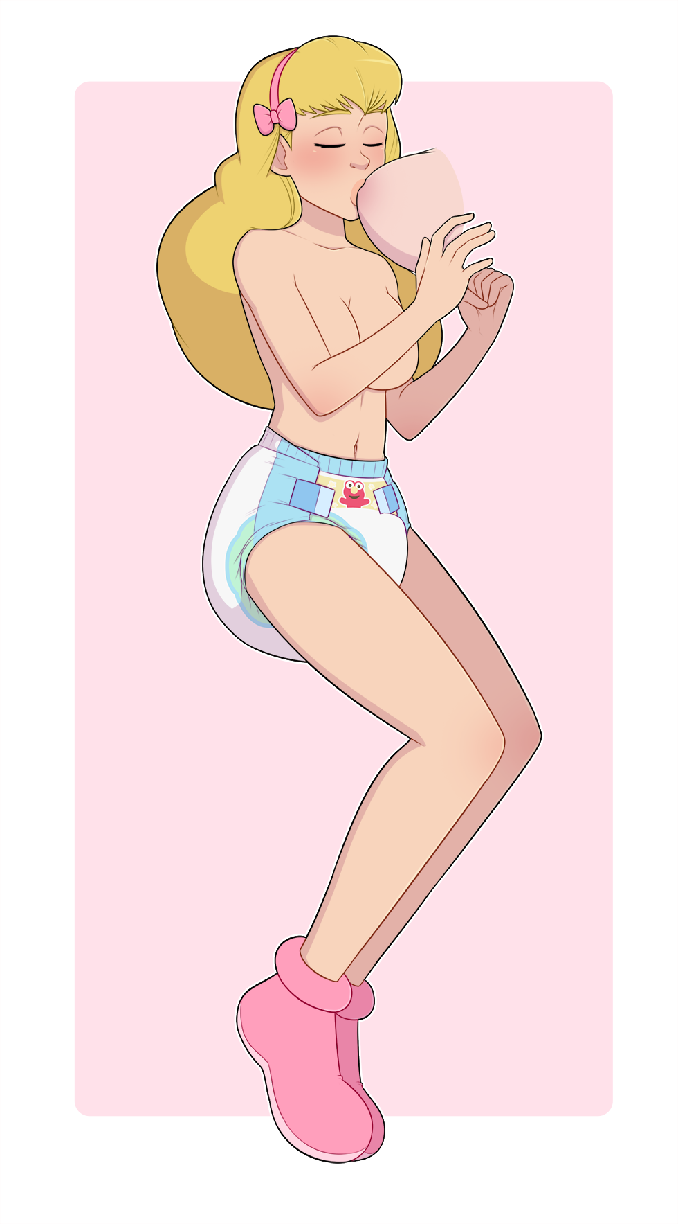 1girl blonde_hair blue_diaper breast_sucking breasts closed_eyes diaper highres long_hair medium_breasts midriff navel pieceofsoap underwear underwear_only