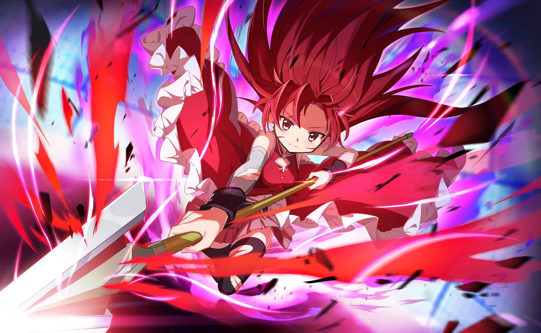 1girl artist_request bare_shoulders black_shirt black_thighhighs black_wrist_cuffs blue_background buttons cleavage_cutout clothing_cutout collared_dress debris detached_sleeves determined dress fire floating floating_clothes floating_hair frilled_dress frills full_body game_cg grey_sleeves hair_undone high_collar highres holding holding_polearm holding_weapon injury long_hair long_sleeves magical_girl mahou_shoujo_madoka_magica mahou_shoujo_madoka_magica_magia_exedra medium_dress miniskirt official_art pink_fire pink_skirt pleated_skirt polearm red_dress red_eyes red_fire red_hair sakura_kyoko sakura_kyoko_(magical_girl) shirt shirt_under_dress skirt skirt_under_dress sleeveless sleeveless_dress solo spear thighhighs torn_clothes torn_sleeves torn_thighhighs tsurime very_long_hair weapon wrist_cuffs