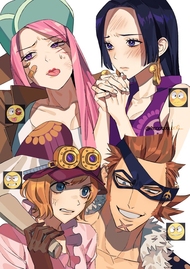 1boy 3girls anger_vein anti-eyebrow_piercing bandaid bandaid_on_face blue_eyes blush boa_hancock dress emoji eye_mask face_piercing goggles goggles_on_headwear hat holding holding_paper jewelry_bonney koala_(one_piece) long_hair mulso multiple_girls one_piece own_hands_together paper piercing pink_hair purple_dress purple_eyes scar scar_on_chin scar_on_face short_hair sidelocks simple_background tongue tongue_out twitter_username white_background x_drake