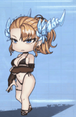 1girl :/ alternate_costume animated animated_gif bare_shoulders bikini black_bikini blonde_hair blue_eyes bouncing_breasts breasts bridal_gauntlets chibi choker cleavage closed_mouth collarbone curvy demon_girl earrings elbow_gloves fingernails full_body gloves high_heel_sandals high_heels highleg highleg_bikini horns jewelry large_breasts lilith-soft lips long_hair looking_ahead nail_polish navel official_alternate_costume ponytail ragnarok_sinmara sandals shiny_skin side-tie_bikini_bottom solo standing stomach swimsuit taimanin_(series) taimanin_rpgx thigh_strap thighs thong thong_bikini toenail_polish toenails toes wide_hips