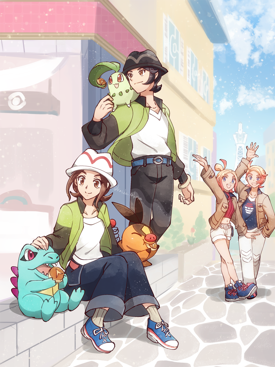 1girl 2boys ahoge bell-bottoms belt blonde_hair blue_eyes breasts brown_hair brown_jacket chikorita crop_top forehead game_freak gen_2_pokemon gen_5_pokemon gradient_hair green_jacket grey_eyes harmony_(pokemon) hat highres jacket kaidou_mitsuki long_sleeves mismatched_eyebrows multicolored_hair multicolored_jacket multiple_boys nintendo open_clothes open_jacket open_mouth pants paxton_(pokemon) pink_eyebrows pink_hair pokemon pokemon_(creature) pokemon_legends:_z-a shirt short_hair smile taunie_(pokemon) tepig totodile turtleneck two-tone_hair two-tone_jacket urbain_(pokemon) white_hat white_shirt