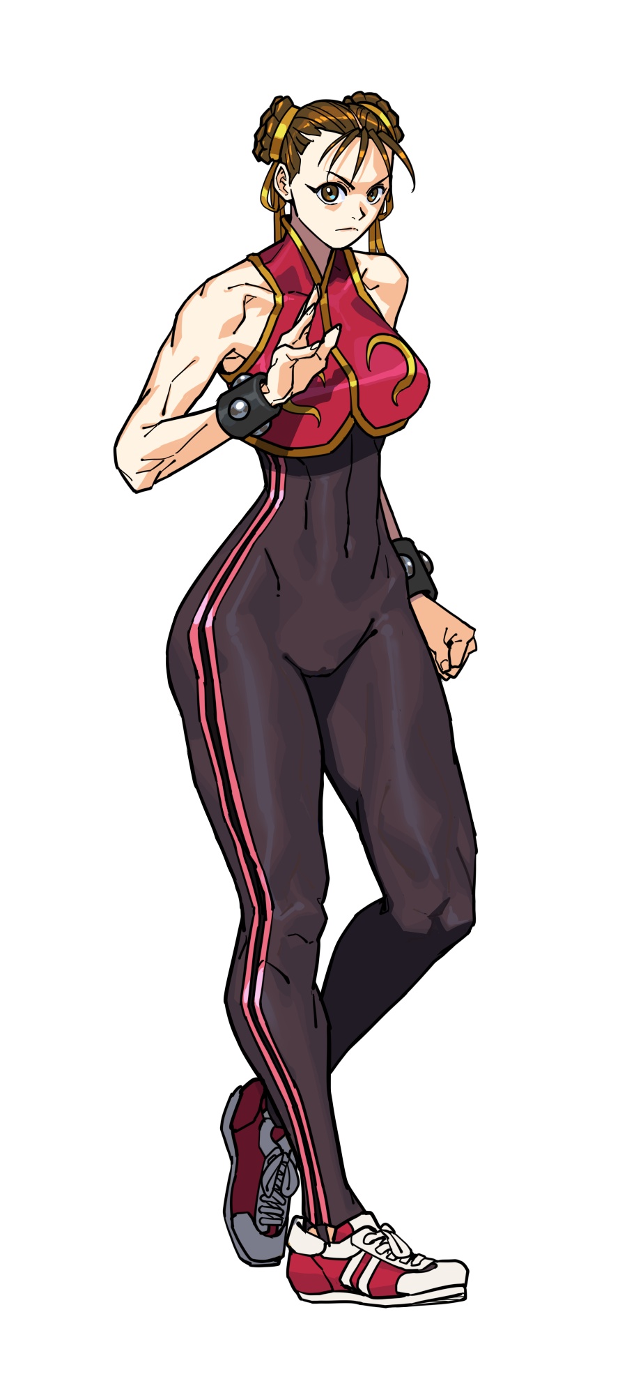 abs alternate_costume bodysuit braid braided_bun brown_hair capcom chun-li earrings hair_bun highres iggler jewelry pink_trim red_bodysuit red_footwear red_vest serious shoes sleeveless sneakers street_fighter street_fighter_alpha striped_clothes toned toned_female twin_braids vest white_background wrist_cuffs
