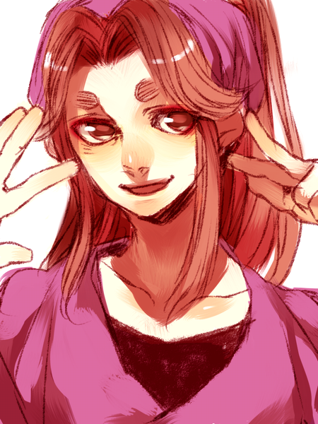 1girl akizuki_hakuto bad_id bad_pixiv_id brown_eyes brown_hair commentary_request eyeshadow headband headscarf makeup parted_bangs pink_headband pink_headscarf ponytail rakudai_ninja_rantarou red_eyeshadow sidelocks simple_background smile solo upper_body white_background yuki_(rakudai_ninja_rantarou)