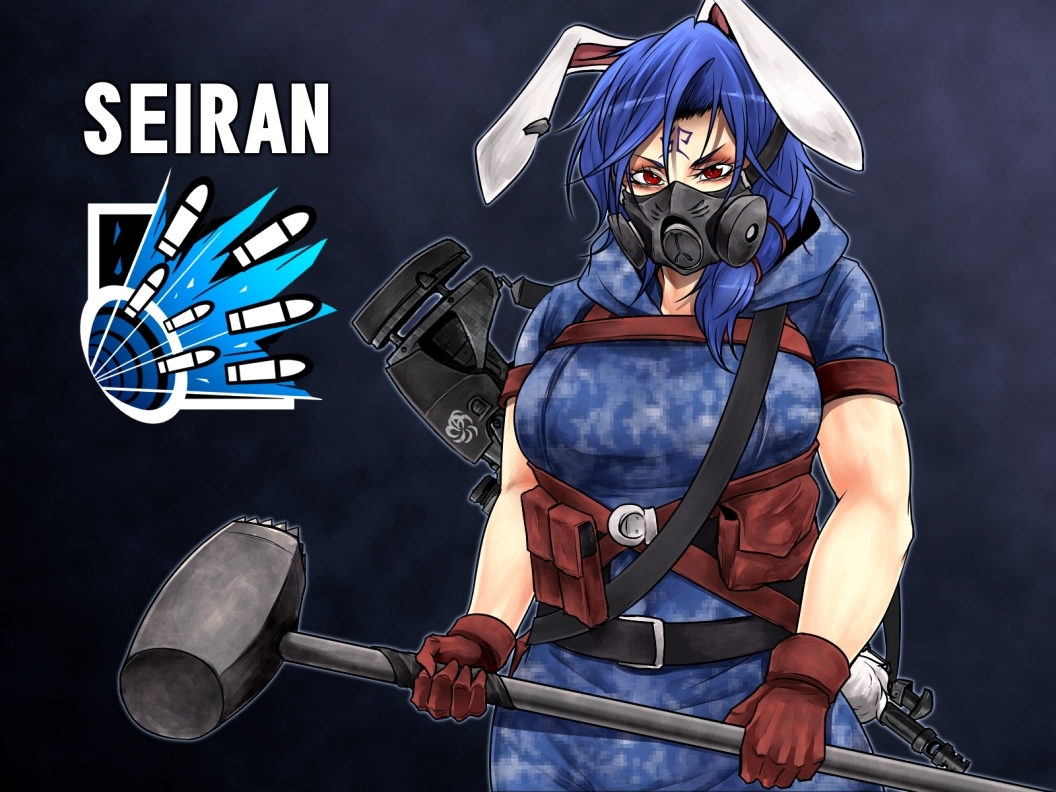 1girl animal_ears belt black_belt blue_background blue_dress blue_hair breasts brown_gloves camouflage character_name chest_harness commentary_request digital_camouflage dress gloves gun hammer harness holding holding_hammer hooded_dress large_breasts long_hair looking_at_viewer rabbit_ears rabbit_girl rebreather red_eyes ryuuichi_(f_dragon) seiran_(touhou) solo touhou upper_body weapon