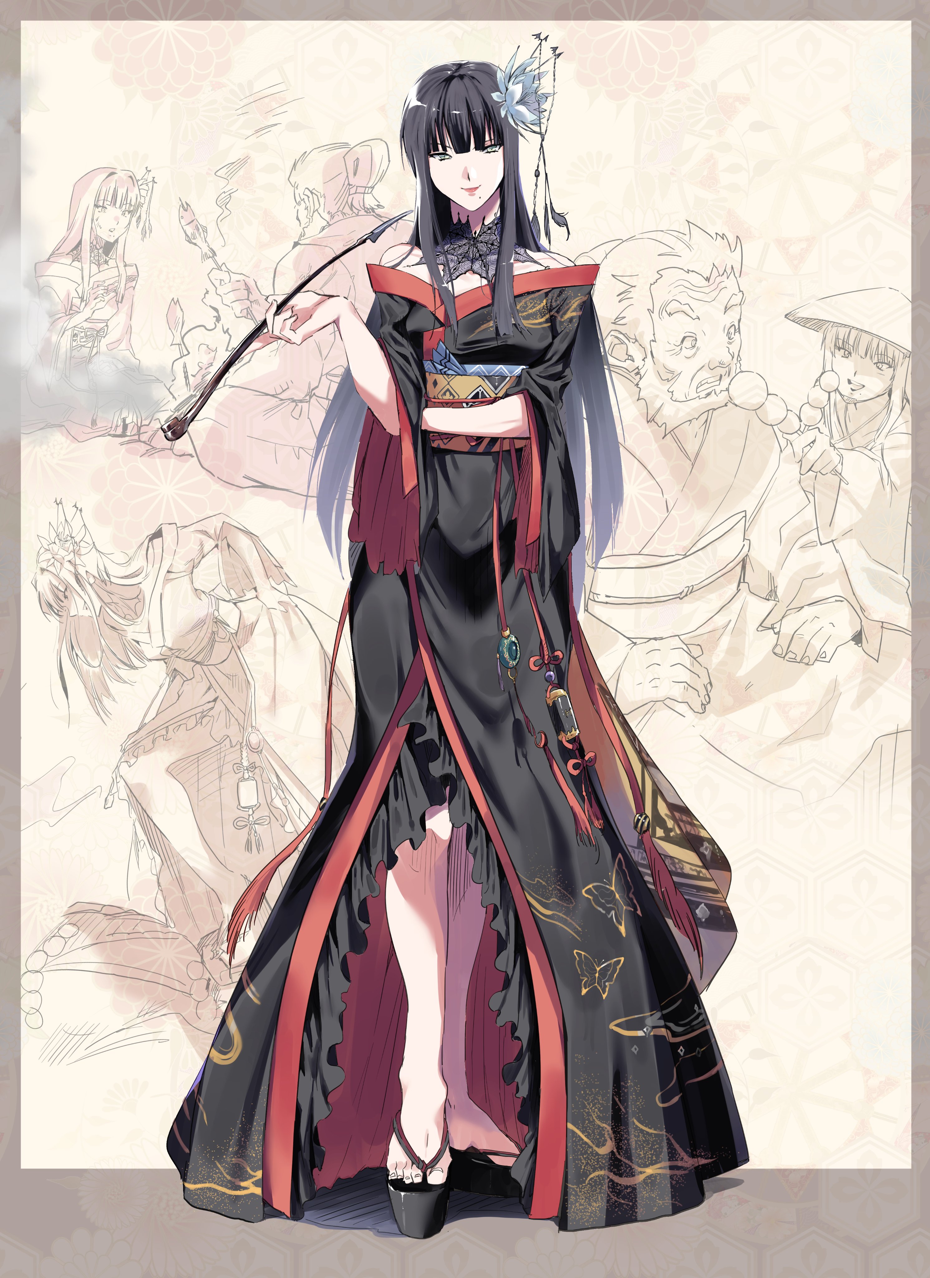 1girl absurdres animal_print arm_across_waist bare_shoulders bat_hair_ornament black_collar black_hair black_kimono blunt_bangs border brown_background brown_border butterfly_print collar epiphyllum final_fantasy final_fantasy_xiv flower full_body gosetsu_daito green_eyes hair_flower hair_ornament hair_stick highres holding holding_smoking_pipe hyur inrou japanese_clothes kimono kiseru lace_collar long_hair looking_at_viewer midnamana mole mole_under_mouth multiple_views obi obiage obijime off_shoulder okobo platform_footwear platform_sandals red_trim sandals sash sidelocks smile smoking_pipe standing straight-on straight_hair toeless_footwear two-sided_fabric yotsuyu_goe_brutus