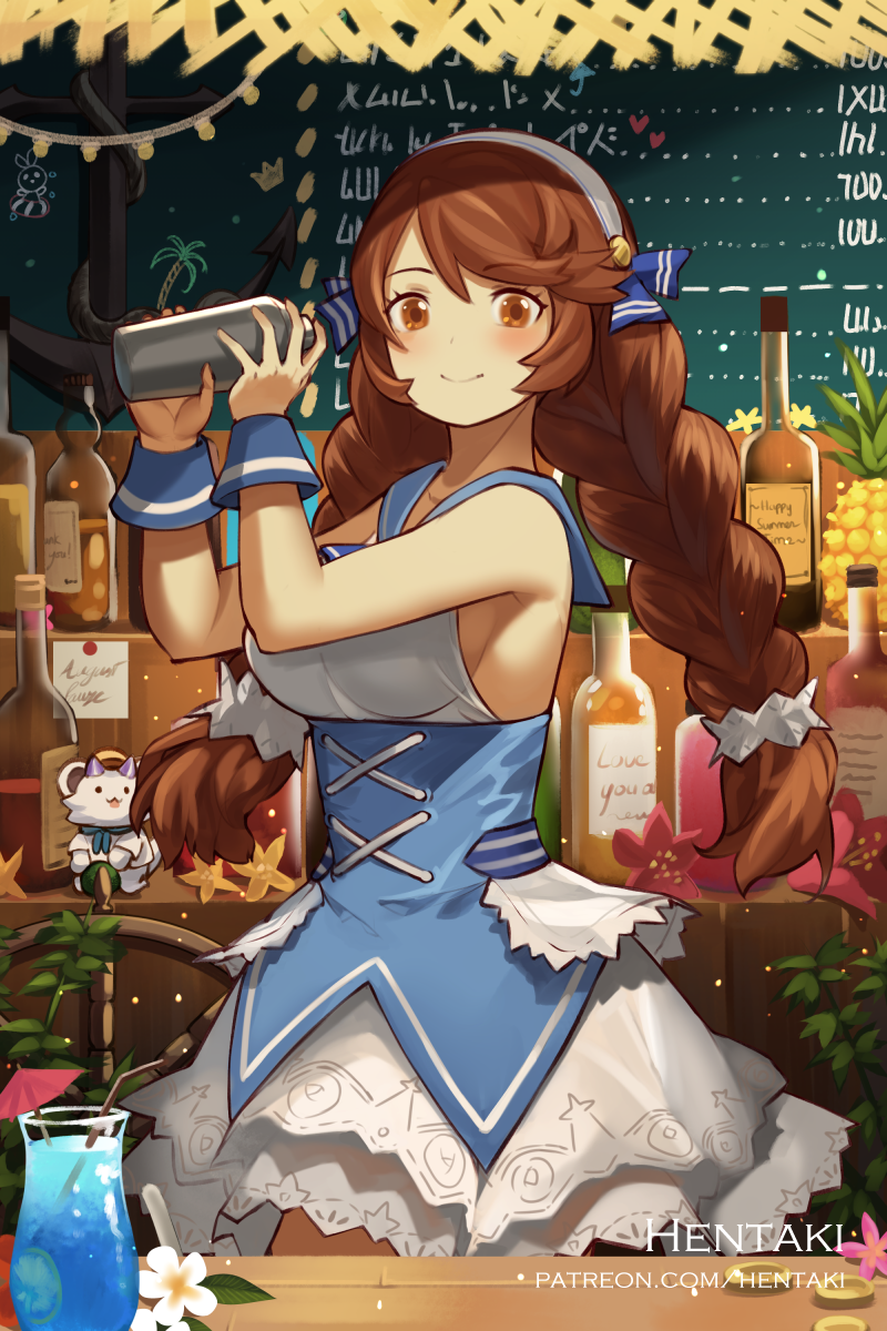 1girl artist_name bare_shoulders bendy_straw blue_sailor_collar blush bottle braid breasts brown_eyes brown_hair closed_mouth commentary cup dragalia_lost dress drinking_glass drinking_straw english_commentary hair_between_eyes hair_ribbon hairband hands_up heart hentaki highres holding long_hair medium_breasts nina_(dragalia_lost) ribbon sailor_collar sailor_dress shaker sleeveless sleeveless_dress smile twin_braids twintails very_long_hair watermark web_address white_dress white_hairband white_ribbon wrist_cuffs