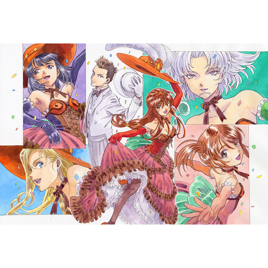 1boy 5girls alternate_costume back_bow bare_shoulders black_corset black_gloves black_hair blonde_hair blue_eyes bow bowtie breasts brown_eyes brown_hair brown_pantyhose brown_ribbon car child choker cleavage closed_mouth collar collarbone collared_shirt confetti coquelicot_(sakura_taisen) corset cross-laced_clothes cross-laced_corset earrings elbow_gloves erica_fontaine foot_out_of_frame formal_clothes frilled_gloves frills glasses gloves glycine_bleumer green_bow green_sleeves grey_eyes hair_ornament hair_scrunchie hat holding holding_unworn_clothes holding_unworn_hat jewelry kitaooji_hanabi light_brown_hair lobelia_carlini long_hair long_sidelocks long_skirt looking_ahead looking_at_viewer low_ponytail matsubara_hidenori medium_breasts motor_vehicle multiple_girls no_eyewear official_alternate_costume official_art oogami_ichirou open_clothes open_mouth open_suit orange_hat pants pantyhose picture_hat pink_corset pink_gloves pink_skirt ponytail purple_bow purple_bowtie red_corset red_gloves ribbon ribbon_choker rimless_eyewear sakura_taisen sakura_taisen_iii scrunchie second-party_source sega shirt short_hair sidelocks skirt skirt_hold spiked_hair standing straight_hair strapless suit swept_bangs teeth top_hat traditional_media tsurime undershirt unworn_eyewear unworn_hat unworn_headwear upper_body upper_teeth_only white_collar white_hair white_pants white_shirt white_suit wing_collar