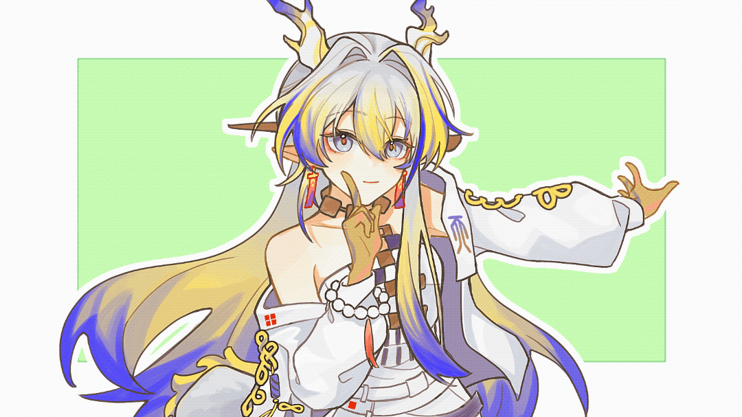 1girl animated animated_gif arknights bare_shoulders beads blonde_hair blue_eyes blue_hair border chinese_commentary closed_mouth collarbone colored_extremities commentary_request dancing dithering dragon_girl dragon_horns earrings eyeliner finger_to_cheek gaoyang65769 green_background grey_hair hair_between_eyes hair_intakes horns hoshino_ruby_dance jacket jewelry light_smile long_hair long_sleeves looking_at_viewer makeup meme multicolored_hair necklace orange_eyeliner orange_pupils oshi_no_ko outline outstretched_arms pointy_ears shu_(arknights) simple_background solo tassel white_border white_jacket white_outline