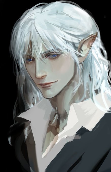 1boy 9eujang black_background black_jacket blue_eyes closed_mouth collared_shirt commentary_request estinien_varlineau final_fantasy final_fantasy_xiv formal_clothes hair_behind_ear jacket korean_commentary long_hair long_pointy_ears looking_to_the_side male_focus open_collar pointy_ears shirt sideways_glance smile solo upper_body white_hair wing_collar