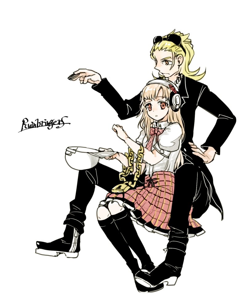1boy 1girl baseball_cap black_jacket blonde_hair boots brown_eyes chain chain_necklace collared_shirt eyebrows_hidden_by_hair eyelashes grey_hair hat headphones jacket jewelry lock long_hair matsunae_tsugumi necklace open_mouth padlock plaid_clothes plaid_skirt red_eyes red_skirt school_uniform shiba_(ntwewy) shin_subarashiki_kono_sekai shirt skirt subarashiki_kono_sekai suit_jacket sunglasses_on_head two-tone_skirt white_shirt