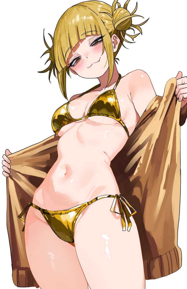 1girl :3 bikini blonde_hair blush boku_no_hero_academia breasts brown_cardigan cardigan closed_mouth double_bun fang gold_bikini hair_bun highres looking_at_viewer medium_breasts navel open_cardigan open_clothes short_hair side-tie_bikini_bottom sidelocks simple_background smile solo swimsuit toga_himiko white_background yellow_eyes zd_(pixiv6210083)