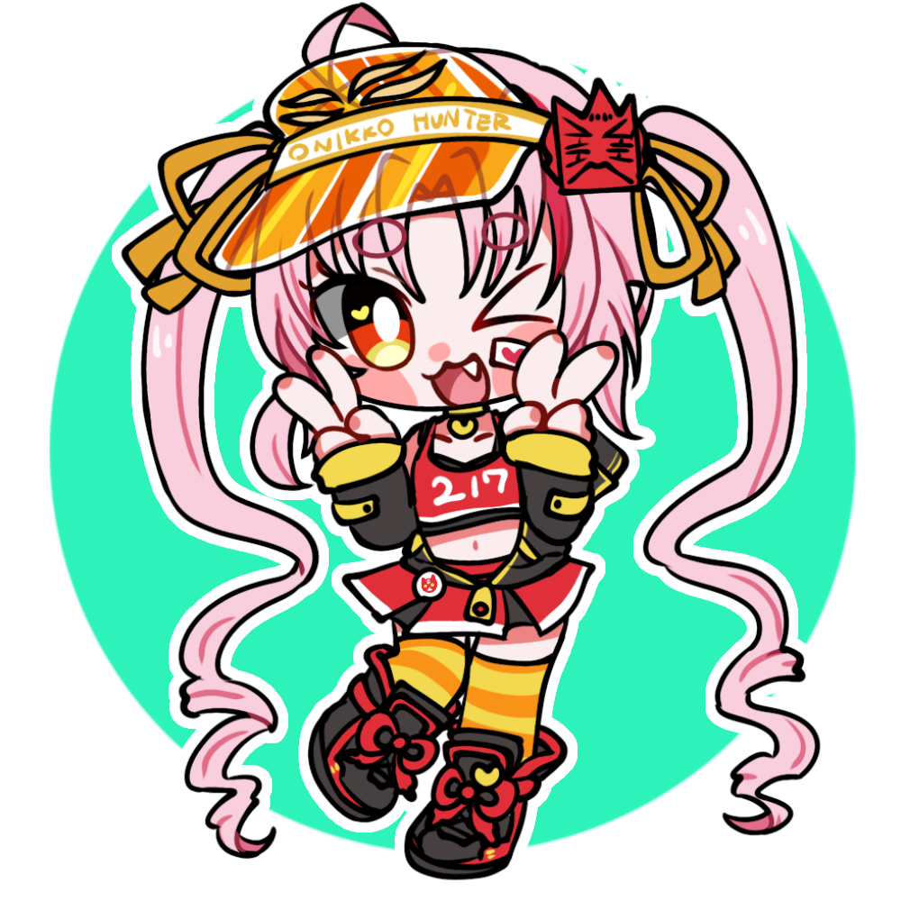 1girl :3 ahoge bandaid bandaid_on_cheek bandaid_on_face black_jacket black_shoes black_trim bright_pupils chibi chibi_only crop_top fang jacket long_hair midriff navel one_eye_closed onikko_hunter_tsuina-chan open_clothes open_jacket open_mouth orange_eyes orange_ribbon outline pink_hair red_shirt red_skirt ribbon shirt shoes skirt solo striped_clothes striped_thighhighs thighhighs togase_ameko tsuina-chan twintails visor_cap vocaloid voiceroid white_outline white_pupils yellow_thighhighs yellow_trim