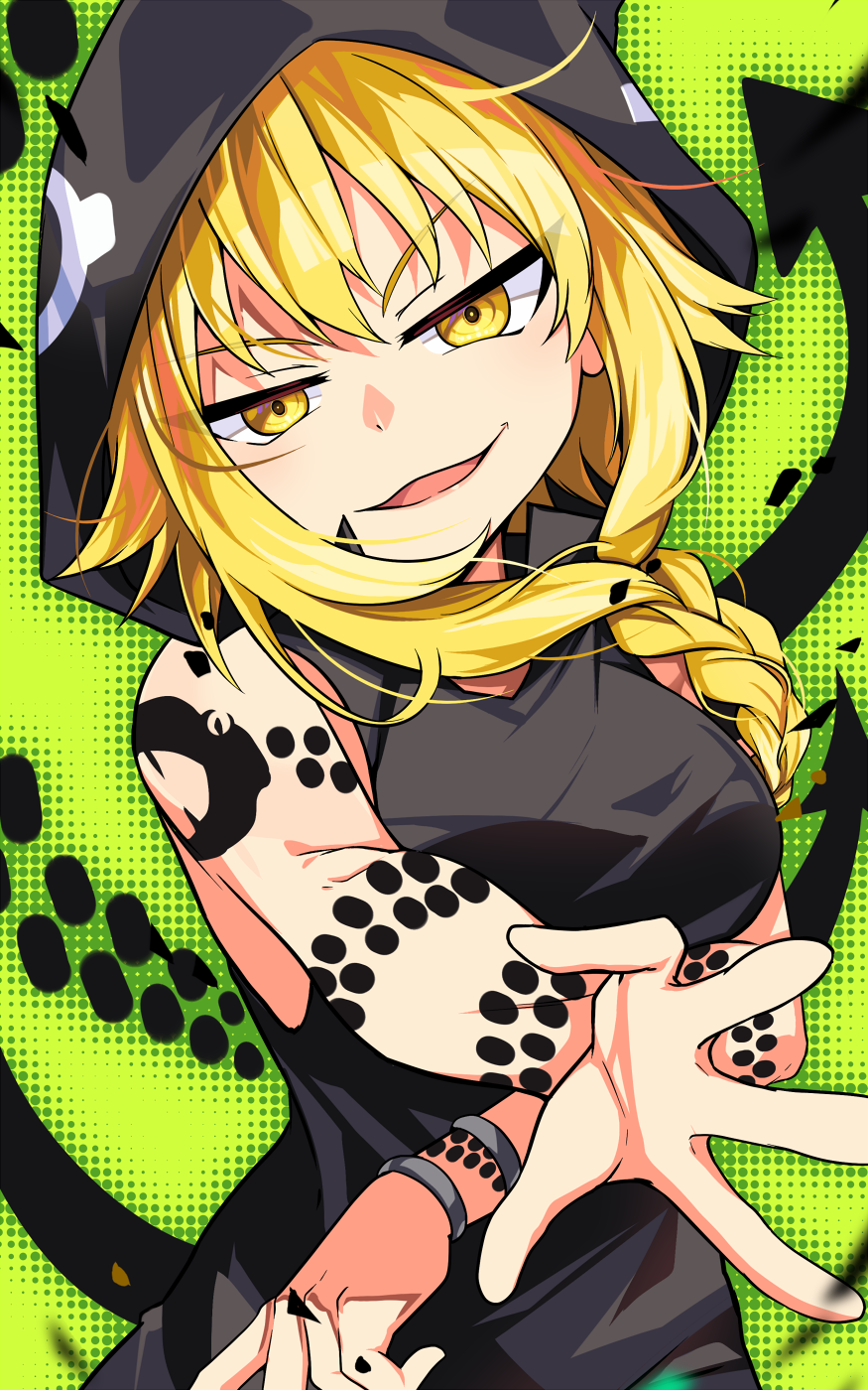 1girl arm_tattoo blonde_hair bracelet braid breasts front_braid green_background highres hood hoodie jewelry large_breasts long_hair looking_at_viewer medusa_gorgon nail_polish sleeveless sleeveless_hoodie smile snake snake_tattoo solo soul_eater tattoo yasume_yukito yellow_eyes