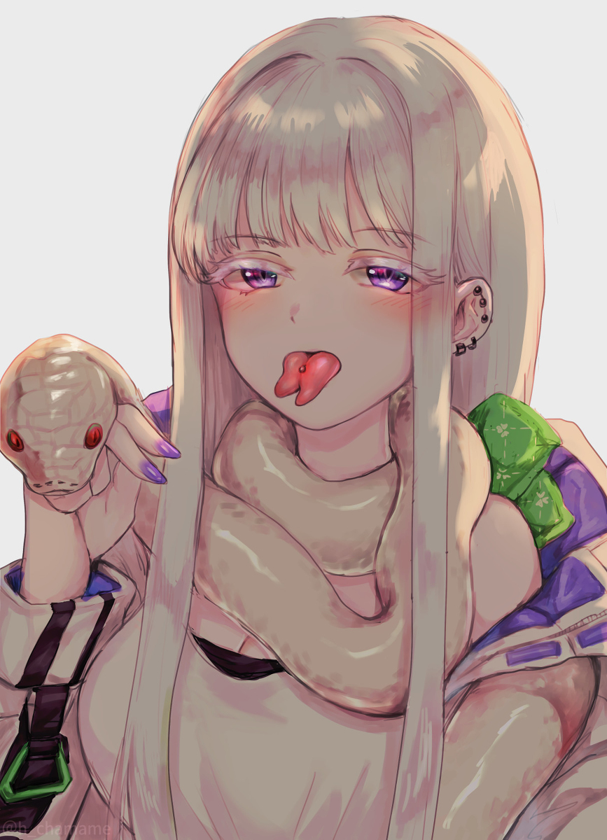 1girl 1other animal artist_name blush breasts chamame cheona_(last_origin) cleavage ear_piercing eyebrows eyes_visible_through_hair forked_tongue highres last_origin long_hair piercing purple_eyes snake tagme tongue tongue_out tongue_piercing watermark