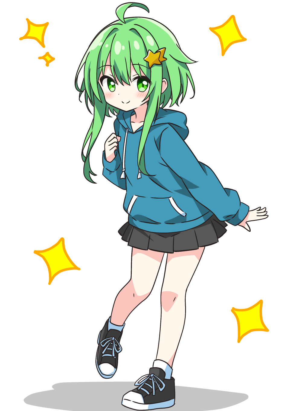 1girl ahoge black_shoes black_skirt blue_hoodie blush closed_mouth collarbone commentary_request dot_nose full_body green_eyes hair_ornament hand_on_own_chest highres hood hood_down hoodie kotatsu-mazoku leaning_forward long_sleeves original pleated_skirt shoes shooting_star_hair_ornament short_hair_with_long_locks sidelocks simple_background skirt smile sneakers socks solo sparkle standing star_(symbol) star_hair_ornament white_background white_socks