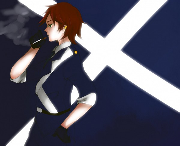 artist_request black_gloves earrings flag gloves green_eyes image_sample jewelry non-web_source red_hair scotland scotland_flag smoking solo zerochan_sample