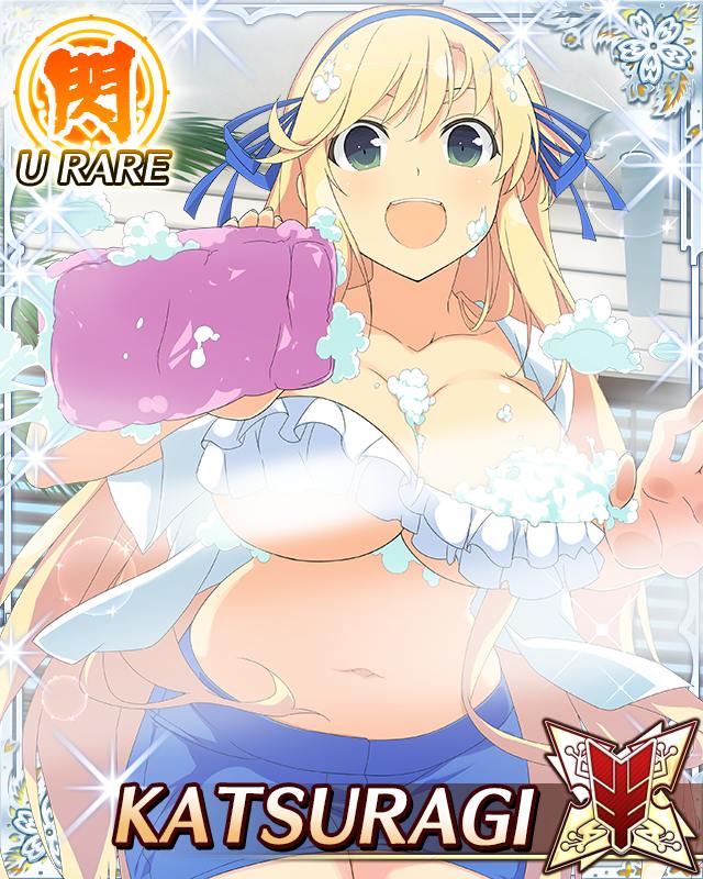 1girl :d against_glass against_window blonde_hair blue_ribbon border breast_press breasts breasts_on_glass card_(medium) character_name cleaning cleaning_rag cleaning_windows cleavage day from_outside game_cg green_eyes hair_ribbon holding_cloth holding_rag katsuragi_(senran_kagura) large_breasts leaning_forward long_hair looking_at_viewer navel official_art open_mouth ribbon senran_kagura senran_kagura_new_wave skindentation smile soap_bubbles solo sun_glare teeth third-party_source upper_teeth_only very_long_hair window