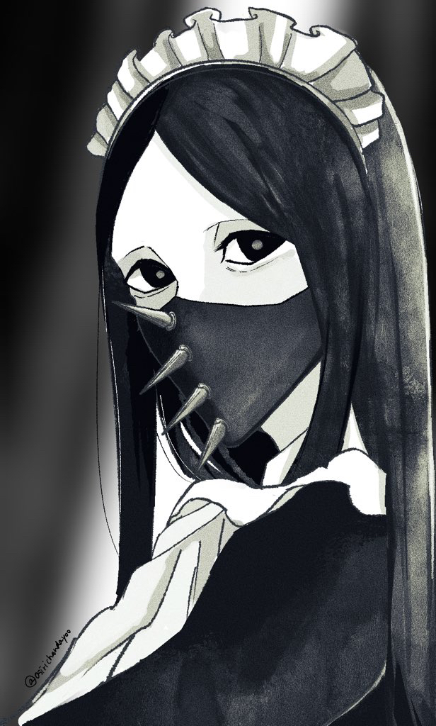 1boy as_nodt black_eyes black_hair bleach bright_pupils dress long_hair maid_headdress male_focus osirichandayoo pale_skin portrait solo spiked_mask twitter_username two-tone_dress