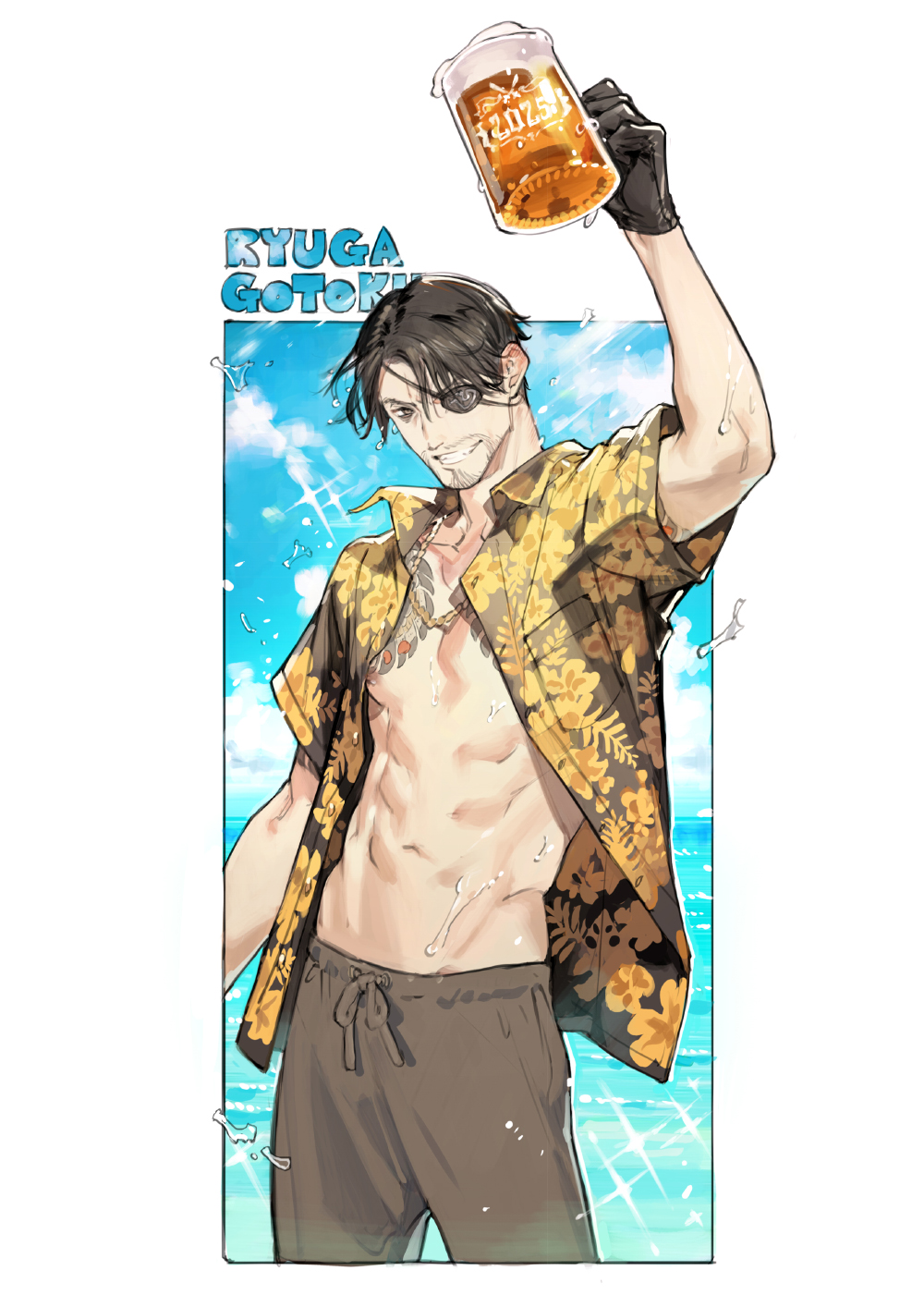 1boy abs beer_mug black_gloves black_hair brown_eyes brown_shorts copyright_name cropped_legs cup eyepatch facial_hair gloves goatee_stubble grin highres jacket jewelry majima_goro male_focus male_swimwear mug necklace open_clothes open_jacket ryuu_ga_gotoku_(series) ryuu_ga_gotoku_8_gaiden short_hair shorts smile solo starshadowmagician stubble swim_trunks tattoo toned toned_male yellow_jacket