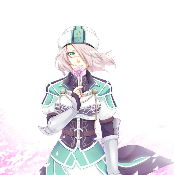 1girl armor bad_id bad_pixiv_id blonde_hair breastplate cowboy_shot emma_honeywell female_focus floating_hair flower holding looking_at_viewer mature_female scar short_hair shoulder_pads simple_background solo souchi the_last_remnant white_background wind