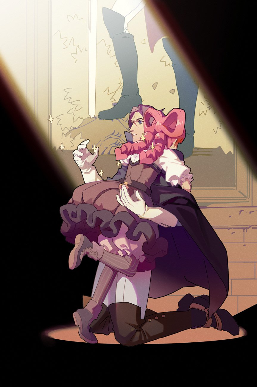 1boy 1girl ace_attorney ankle_boots barok_van_zieks black_cape bloomers blue_eyes boots bow-shaped_hair brown_dress brown_footwear cape dress drill_hair full_body gloves grey_hair heart heart-shaped_hair highres hug iris_wilson knee_boots kneeling medium_hair painting_(object) pantyhose parted_lips pink_hair puffy_dress puffy_short_sleeves puffy_sleeves scar scar_on_face shirt short_sleeves sparkle teeth the_great_ace_attorney tugai twin_drills underwear white_bloomers white_gloves white_shirt