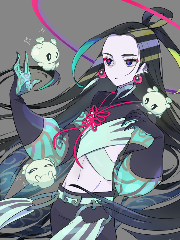 1boy belt black_hair black_pants blue_eyes collarbone colored_skin earrings eyeliner fate/grand_order fate_(series) grey_background jewelry long_hair looking_ahead makeup male_focus multiple_earrings navel no_nose pants parted_lips rakuchii_(rurituvo) red_eyeliner red_pupils red_ribbon ribbon solo sparkle taisui_xingjun_(fate) white_skin