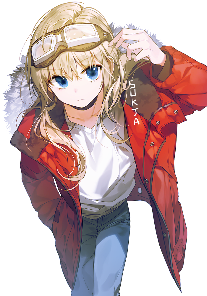 1girl arm_up artist_name blonde_hair blue_eyes blue_pants closed_mouth denim female_focus fur-trimmed_jacket fur_trim goggles goggles_on_head hand_in_pocket jacket long_hair open_clothes open_jacket original pants red_jacket simple_background solo standing sukja white_background