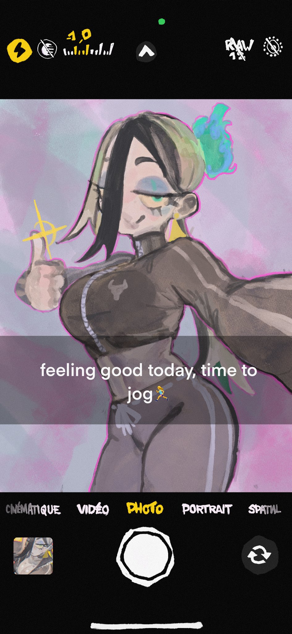 1girl black_hair black_jacket black_pants black_track_suit blonde_hair blue_eyeshadow breasts cellphone colored_sclera crop_top cropped_jacket earrings english_text eyeshadow fake_phone_screenshot fake_screenshot fire gold_earrings green_eyes green_fire half-closed_eyes hands_up highres holding holding_phone inset jacket jewelry keziedra large_breasts long_hair low_ponytail macaron_(keziedra) makeup midriff multicolored_hair original outline pants phone ponytail purple_outline reaching reaching_towards_viewer selfie smartphone smile solo sparkle taking_picture thumbs_up track_jacket track_pants track_suit triangle_earrings two-tone_hair yellow_sclera