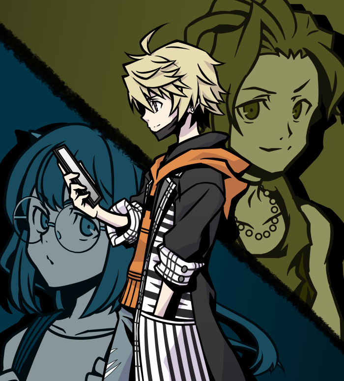 1girl 2boys ahoge backpack bag black_coat black_mask blonde_hair brown_eyes cellphone choker closed_mouth coat ear_piercing face_mask furesawa_tosai glasses holding holding_phone hood hoodie jewelry kanade_rindo mask mouth_mask multiple_boys necklace orange_hoodie pearl_necklace phone piercing round_eyewear scarf shin_subarashiki_kono_sekai sleeves_rolled_up smartphone smile subarashiki_kono_sekai usui_nagi