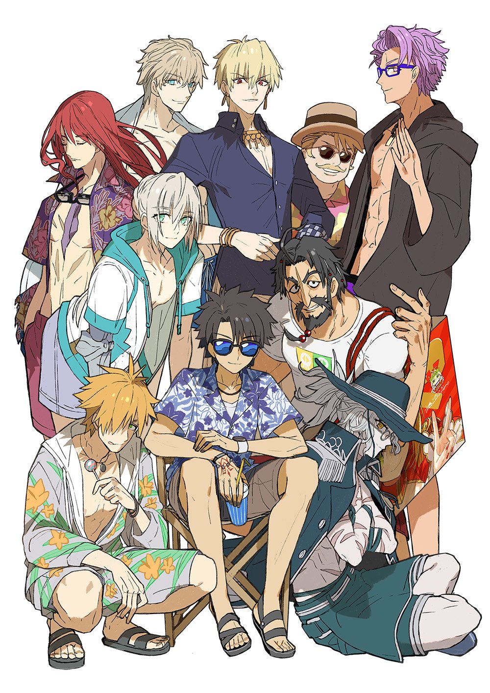 6+boys abs beard bedivere_(fate) bedivere_(servant_summer_festival!_2018_swimsuit)_(fate) edmond_dantes_(fate) edmond_dantes_(monte_cristo_selection)_(fate) edward_teach_(fate) edward_teach_(final_ascension)_(fate) eyewear_around_neck facial_hair fate/grand_order fate_(series) floral_print fujimaru_ritsuka_(male) fujimaru_ritsuka_(male)_(tropical_summer) gawain_(fate) gawain_(scion_of_summer)_(fate) gilgamesh gilgamesh_(caster)_(fate) gilgamesh_(establishment)_(fate) gilgamesh_(fate) glasses goredolf_musik hat hawaiian_shirt highres jacket jacket_on_shoulders lancelot_(fate/grand_order) lancelot_(strongest_knight_of_summer)_(fate) looking_at_viewer male_focus male_swimwear multiple_boys mustache nero_claudius_(fate) nero_claudius_(fate/extra) official_alternate_costume open_clothes open_shirt print_male_swimwear print_swimsuit purple_hair purple_male_swimwear purple_swim_trunks red_hair red_male_swimwear red_swim_trunks robin_hood_(fate) robin_hood_(summer_hunter)_(fate) sandals shirt sitting smile spiked_hair squatting swim_trunks swimsuit tristan_(chicken_of_luluhawa)_(fate) tristan_(fate) tropical_summer_(fate) wada_arco white_male_swimwear