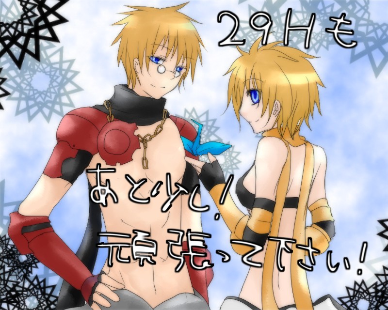 1boy 1girl armor back bikini black_bikini black_gloves blonde_hair blue_background blue_eyes breasts chain chain_necklace closed_mouth commentary_request elbow_gloves fingerless_gloves glasses gloves hand_on_own_hip jewelry looking_at_viewer mechanic_(ragnarok_online) medium_breasts necklace origami paper_crane pauldrons pince-nez ragnarok_online red_armor sanzan_(re_m) scarf short_hair shoulder_armor shrug_(clothing) smile swimsuit translation_request upper_body vambraces yellow_scarf