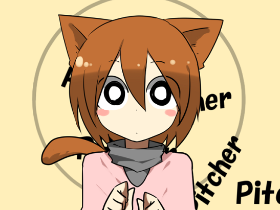 1girl animal_ears black_eyes blush_stickers bright_pupils brown_hair cat_ears cat_girl cat_tail character_name close-up closed_mouth commentary curled_fingers dot_mouth dot_nose dress english_text grey_undershirt hair_between_eyes jiima_tarou kemonomimi_mode long_bangs looking_at_viewer minna_no_rhythm_tengoku no_headwear own_hands_together pink_dress pitcher_(rhythm_tengoku) portrait rhythm_tengoku short_hair solo straight-on surprised tail tomboy turtleneck white_pupils wide-eyed