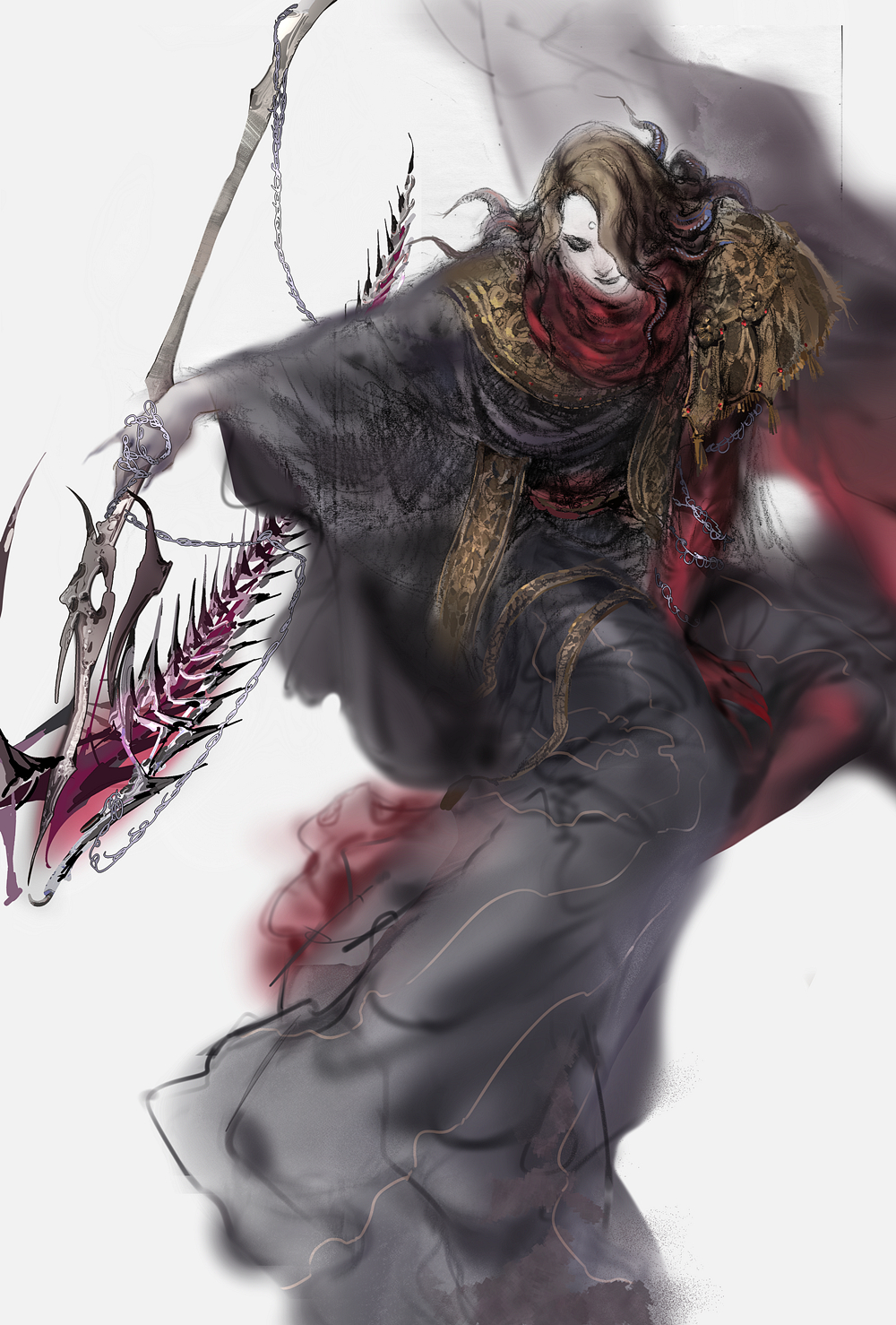 1boy black_eyeshadow black_robe blonde_hair bone_weapon cape closed_eyes colored_extremities colored_skin commentary english_commentary epaulettes eyeshadow final_fantasy final_fantasy_xiv fringe_trim full_body garlean gold_trim hair_over_one_eye highres holding holding_scythe holding_weapon makeup male_focus medium_hair one_eye_covered pydiyudie reaper_(final_fantasy) red_cape red_hands red_skin robe scythe simple_background single_epaulette sitting solo tentacle_hair third_eye weapon white_background wide_sleeves yokozuwari zenos_yae_galvus