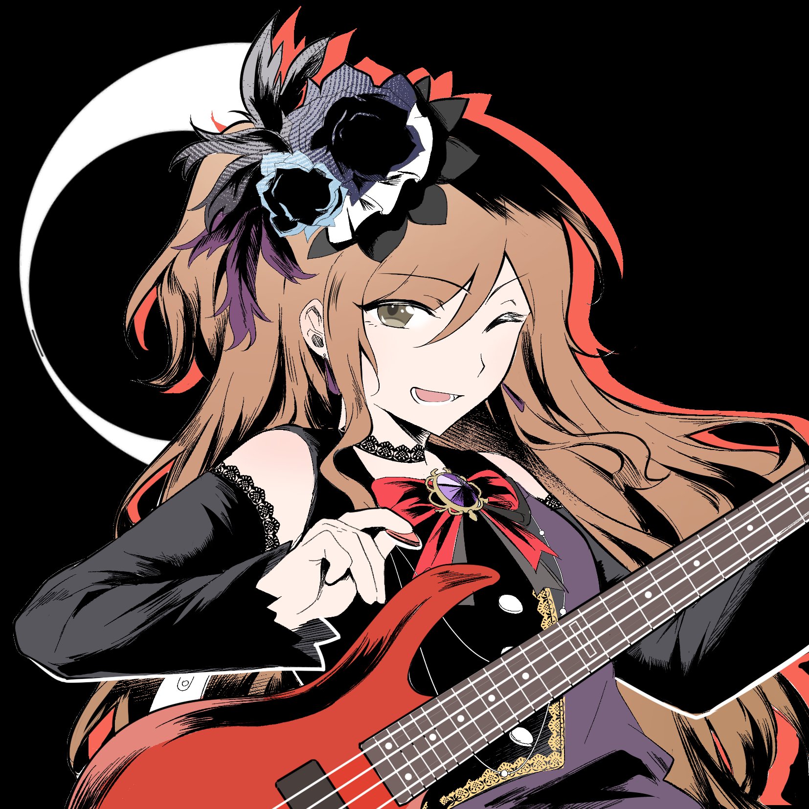 1girl ;d arcgi4 bang_dream! black_background black_bow black_bowtie black_choker black_dress black_feathers black_flower black_sleeves blue_flower bow bowtie brown_eyes brown_hair buttons chinese_commentary choker colored_shadow commentary_request detached_sleeves dress drop_shadow earrings eclipse feather_hair_ornament feathers flower gold_trim guitar guitar_strap hair_between_eyes hair_flower hair_ornament highres holding holding_guitar holding_instrument holding_plectrum imai_lisa instrument jewelry long_hair long_sidelocks looking_at_viewer one_eye_closed open_mouth plectrum purple_brooch purple_dress purple_feathers red_bow red_bowtie ribbon shadow sidelocks sleeveless sleeveless_dress smile solo three_quarter_view two-tone_dress upper_body