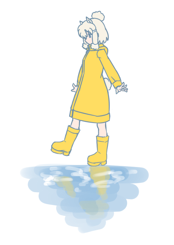 1girl acesrulez alpaca_ears alpaca_girl alpaca_suri_(kemono_friends) alpaca_tail alternate_costume animal_ears boots hair_bun hair_over_one_eye hair_tubes hood hood_down kemono_friends long_sleeves raincoat reflection rubber_boots short_hair solo tail water white_hair yellow_boots yellow_raincoat