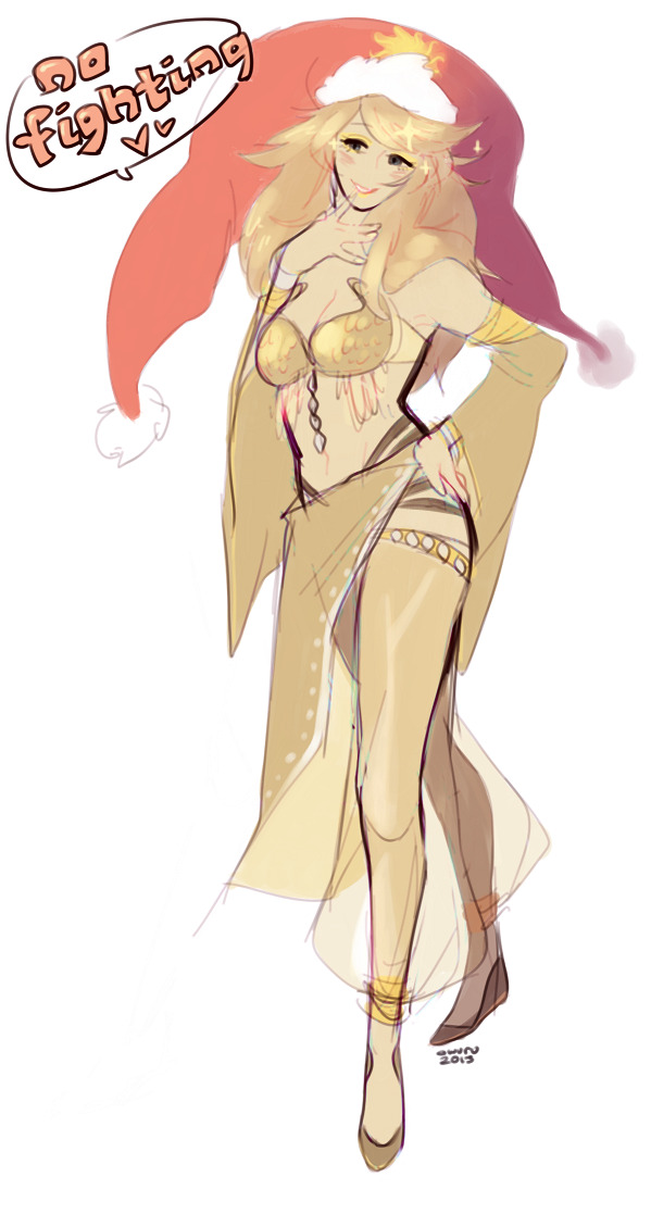 1girl alternate_color bikini blonde_hair breasts brown_bikini brown_eyes brown_sarong brown_sleeves cleavage commentary detached_sleeves english_commentary full_body gypsy_(ragnarok_online) hat long_hair looking_at_viewer medium_breasts memoryjoule navel ragnarok_online red_hat sarong simple_background smile solo standing swept_bangs swimsuit white_background