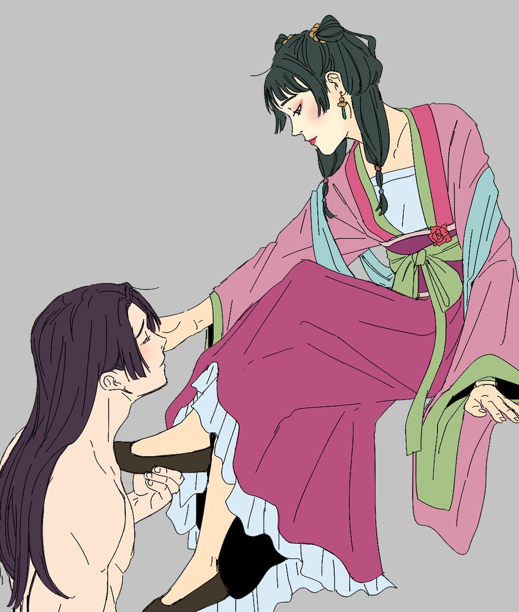 1boy 1girl chinese_clothes commentary cone_hair_bun couple dress english_commentary hair_bun hetero highres invisible_chair jinshi_(kusuriya_no_hitorigoto) kusuriya_no_hitorigoto long_hair looking_at_another louise_artist makeup maomao_(kusuriya_no_hitorigoto) pink_dress sitting topless_male