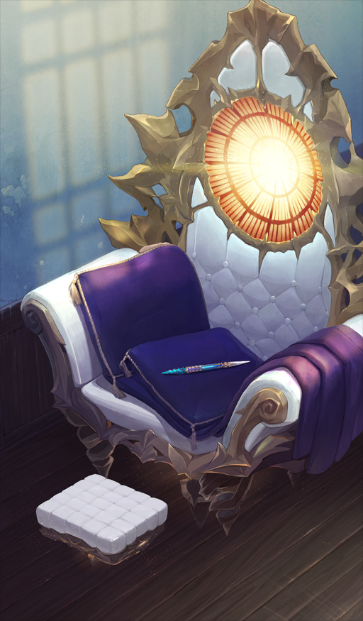 armchair chair commentary_request cushion fate/grand_order fate_(series) footstool game_cg glowing indoors no_humans official_art pen sakumamitsuro still_life third-party_source