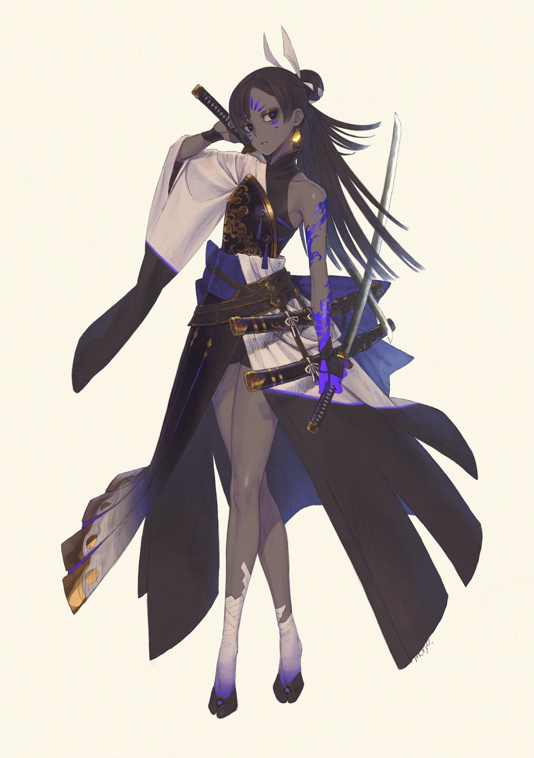 1girl animal_feet arm_tattoo bare_legs belt black_dress black_eyes black_gloves black_hair brown_belt commentary_request crossed_legs dark-skinned_female dark_skin detached_sleeves dress dual_wielding earrings facial_mark fingerless_gloves floral_print forehead_mark full_body gloves gold_earrings gold_eyeshadow hair_bun hair_ribbon highres holding holding_behind_back holding_sword holding_weapon holding_weapon_behind_back jewelry katana knees layered_dress long_dress long_hair long_sleeves looking_at_viewer moryo open_clothes open_dress original parted_lips ribbon sheath signature simple_background single_bare_arm single_bare_shoulder single_detached_sleeve single_hair_bun sleeveless sleeveless_dress solo sword tattoo weapon whisker_markings white_ribbon white_sleeves wide_sleeves yellow_background