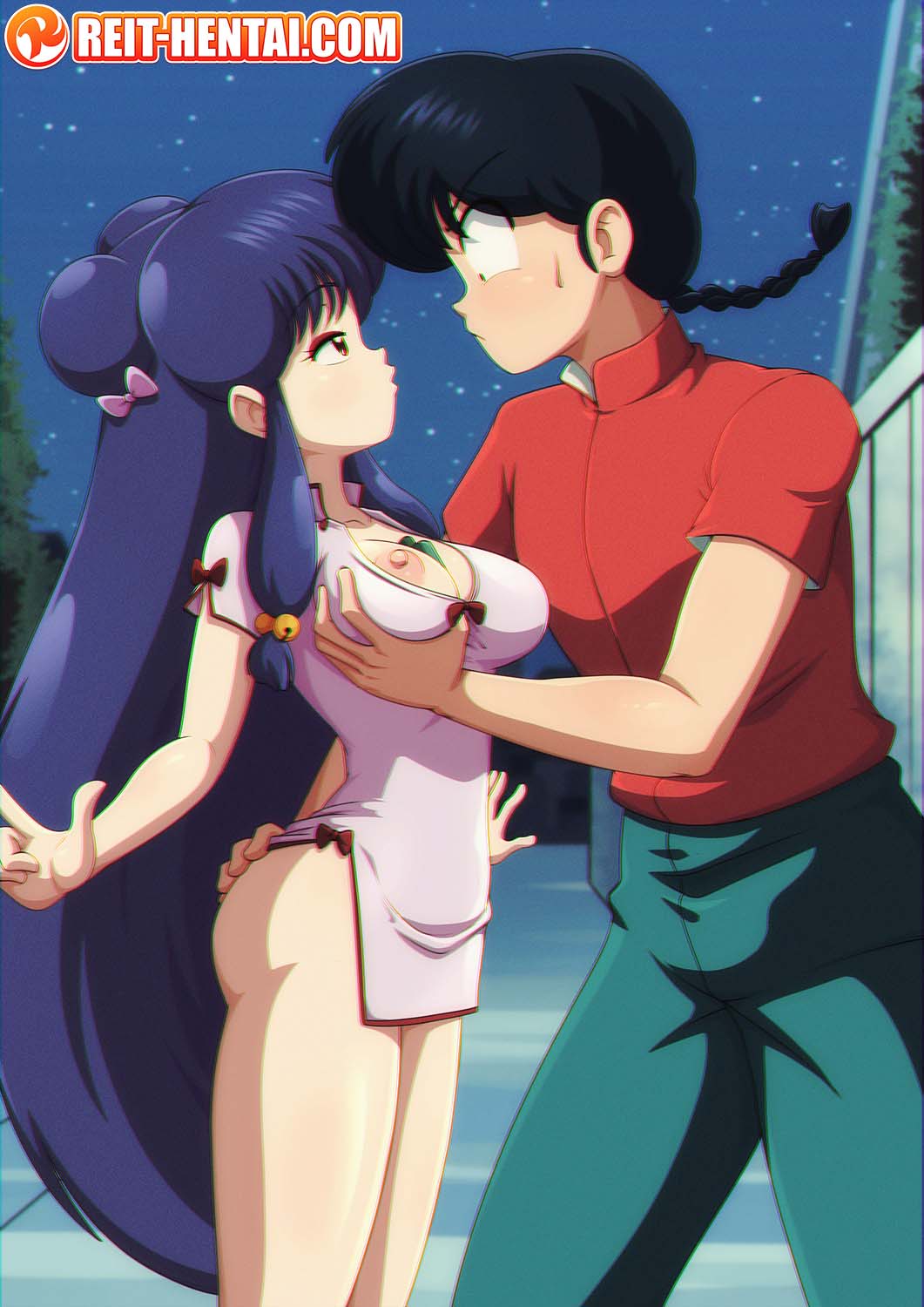 1boy 1girl black_hair braid breasts chinese_clothes dress grabbing_another&#039;s_ass grabbing_another&#039;s_breast groping hetero night nipple_slip nipples outdoors pink_dress purple_hair ranma_1/2 reit saotome_ranma shampoo_(ranma_1/2)