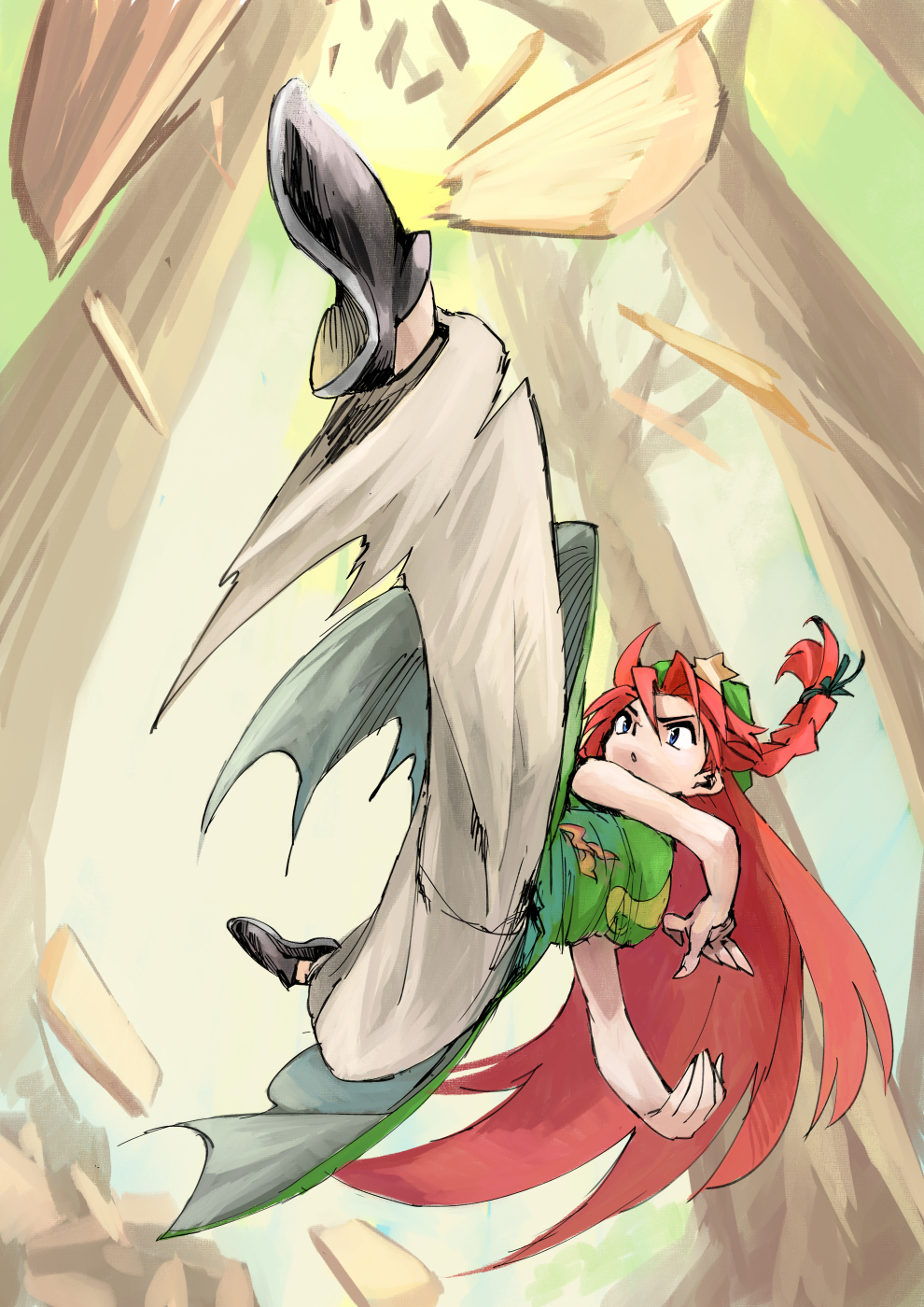1girl :o baggy_pants beret black_footwear blue_eyes braid china_dress chinese_clothes commentary_request dress flats floating_hair flying_kick green_dress green_hat green_ribbon hair_ribbon hat hat_ornament highres hong_meiling kicking log long_hair midair outdoors pants pants_under_dress red_hair ribbon rightorisamraido3 roundhouse_kick side_braid sleeveless sleeveless_dress smear_frame solo spiked_hair star_(symbol) star_hat_ornament touhou tree v-shaped_eyebrows very_long_hair