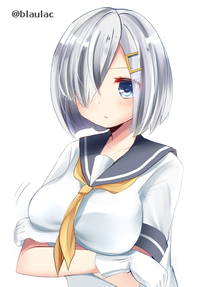 10s 1girl :&lt; bad_id bad_pixiv_id blue_eyes blush breast_holding breast_rest breasts collarbone crossed_arms crossed_legs female_focus gloves hair_ornament hair_over_one_eye hairclip hamakaze_(kancolle) kantai_collection large_breasts looking_at_viewer masayo_(gin_no_ame) neckerchief sailor_collar school_uniform serafuku shirt short_hair short_sleeves silver_hair simple_background solo twitter_username upper_body white_background white_gloves white_shirt yellow_neckerchief