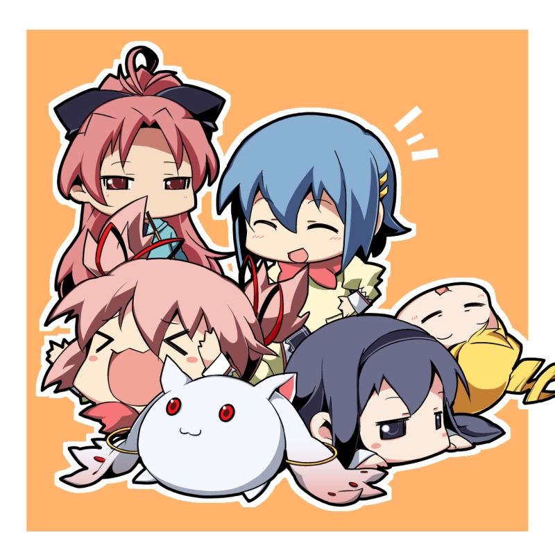 &gt;_&lt; 10s 5girls :3 :d ^_^ ahoge akemi_homura black_eyes black_hair blonde_hair blue_hair blush_stickers chibi closed_eyes drill_hair hair_ornament hair_ribbon hairband hairclip hand_on_own_hip hip_focus kaname_madoka kyubey long_hair mahou_shoujo_madoka_magica mahou_shoujo_madoka_magica_(anime) miki_sayaka multiple_girls nyuusankin open_mouth orange_background outline pink_hair red_eyes red_hair ribbon sakura_kyoko simple_background smile tomoe_mami twin_drills